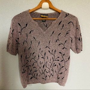 Objects gold, slightly cropped gray & black blouse